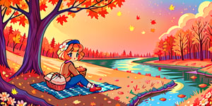 Solo_female,1930s (style), kawaii, outdoor, high_resolution, digital_art,|,a flowery field on a cool autumn afternoon next to a brook| old blankets, bench, picnic, ruck_sack, basket, sack|,vectorstyle