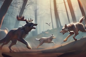 a pack of wolves fighting off a deer Wendigo, spooky, Halloween,3d style