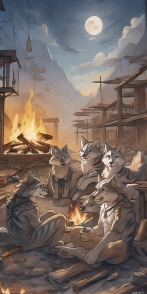 A pack of wolves sitting around a fire in an abandoned town, with native American markings,cat, indian art, non-furry