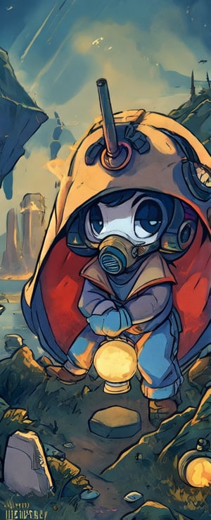 1930s (style),In a desolate world, a young grave digger boy roams the Bioluminescent tundra graveyard, his fur cloak and gas mask shielding him from the toxic air. With his magical miner's lantern and pick ax, he navigates the retro-future, hydro-punk landscape, reminiscent of a 1930s cartoon.  
