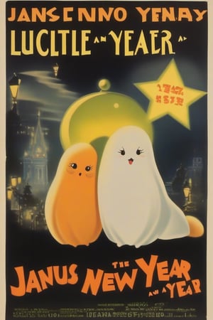 Kawaii, a 1950s movie poster for a 1920s gangster mystery, "Janus Nash and a Haunted New Year. Series: The Ghosts of Lucille",