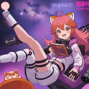 An adorable and silly female anime girl red panda in a space suite with pink hair and purple and a sci-fi brass fantastical telescope, cute, storybook illustration, white background, diesel punk.