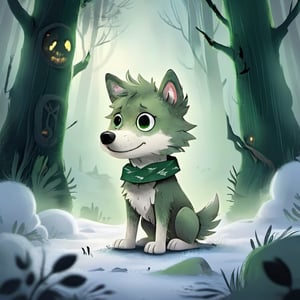 (masterpiece, best quality, ultra-detailed, 8K) A small, trembling wolf pup with shaggy fur the color of sage green, lost in a foggy and haunted forest. Its eyes dart around nervously, searching for a way out. SuddeaA small, trembling wolf pup with shaggy fur the color of sage green, lost in a foggy and haunted snow-covered forest. Its eyes dart around nervously, searching for a way out. Suddenly, it spots a graveyard in the distance, sending shivers down its spine. The pup clutches onto its old, tattered green neck bandana for comfort, but it knows it's in for a spooky adventure. only, it spots a graveyard in the distance, sending shivers down its spine. The pup clutches onto its old, tattered green neck bandana for comfort, but it knows it's in for a spooky adventure.