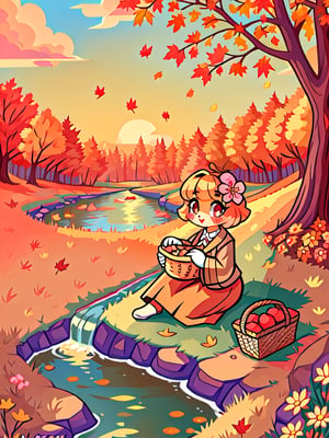 Solo_female,1930s (style), kawaii, outdoor, high_resolution, digital_art,|,a flowery field on a cool autumn afternoon next to a brook| old blankets, bench, picnic, ruck_sack, basket, sack|,vectorstyle