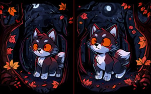 Comic_Strip, a cute scared wolf pup lost in a haunted forest, autumn_leaves, wolf, chibi, night, spooky,cute00d
