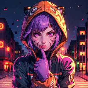 mater piece, beautiful girl in an abandoned town, red_panda, paw_gloves, Fur_boots, animal_marking, face_paint, chocolate_hair, violet_eyes, furry_jacket,yofukashi background, zombies,hinata,1990s \(style\),kusanagi motoko,city