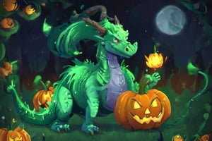 1930s-style cartoon, the emerald dragon witch made of vines hiding in a spooky pumpkin patch on Halloween night,3d style, Gill_man,flatee