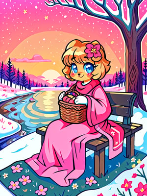 Solo_female,1930s (style), kawaii, outdoor, high_resolution, digital_art,|,a flowery field on a cold winter afternoon next to a brook| old blankets, bench, picnic, ruck_sack, basket, sack|,vectorstyle