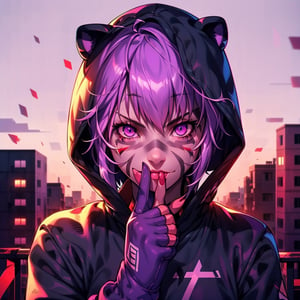 mater piece, beautiful girl in an abandoned town, red_panda, paw_gloves, Fur_boots, animal_marking, face_paint, chocolate_hair, violet_eyes, furry_jacket,yofukashi background, zombies,hinata,1990s \(style\),kusanagi motoko,city