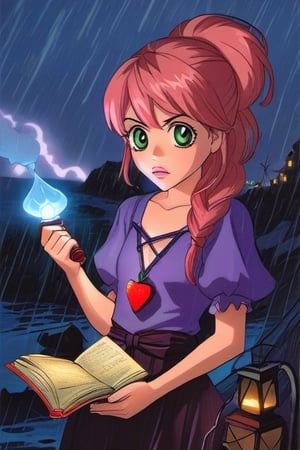 a book cover for a  1990s juvenile cartoon horror with letters that look like melted wax for "Grim Night, by J.R. Ghostwood" a young woman of 14 with short strawberry blonde hair tied up in messy ponytails and ember eyes armed with an Epee and miner's lanterns in cold barren island 1850s town at night during a terrible storm who is being hunted by Vampires, masterpiece, best quality,comic_book_cover, lycanthrope, amber_eyes, windy, raining, pink_hair,Extremely Realistic,3d style,sugar_rune