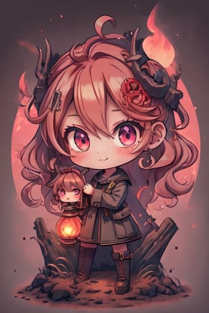 a 12-year-old female Welsh grave digger with strawberry blonde hair and glowing ember eyes casting ghostly fire magic with an old magical miners lamp.,Adorable,1girl,fantasy00d,chibi,High detailed ,ppcp