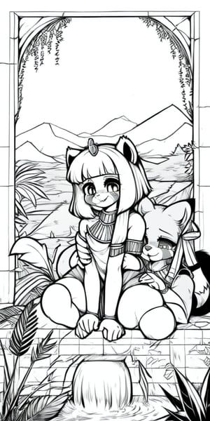 An injured happy female red_panda sitting in a Sami-Egyptian slum with her anubian_jackal boyfriend, line_art, Black_and_white, manga, 1_page, happy, boyfriend, hand_holding, hugging, ancient_egypt, egyptian loli (surio), loin_cloth, golden_jewelery, protected, sit, fountain, holding_knees, jungle, foliage, love, curvy_figure, b&w, ruin, high_res, friendship, afraid, mountains, cute_fangs