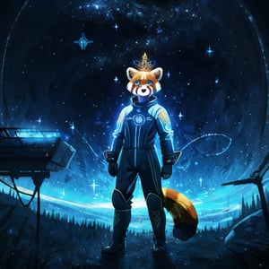 Galali, a male kawaii furry suit of a red panda golden retriever hybrid with glowing celestial constellation markings fully body portray wearing a bohemian space suit, with Sami symbolism embroidered on his shirt, surrounded by the dieselpunk space station orbiting Uranus, complex lighting and shadows, Cute and fluffy, Brass jewelry, shiny, sunlight fractal details, depth of field, detailed gorgeous face, Sci-Fi environment, natural body posture, professional photographer, captured with professional DSLR camera, 64k, ultra-detailed, ultra-accurate detailed, bokeh lighting, surrealism, ultra unreal engine, intricate, epic,fantasy_princess,Circle,outfit