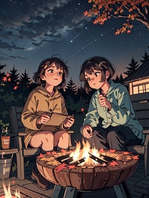 1930s (style), a loli girl in an Adirondack lean-to roasting marshmallows over a campfire looking up at a stary night surrounded by maple trees, Sketch, autumn_leaves, star_(sky),Lofi,LOFI,cassdawnlvl1,day,EpicArt