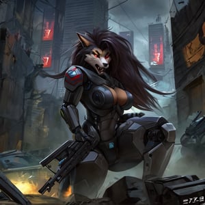 Robotic Werewolves battling a army of cyborg zombies in a deserted city, Cyborg, lycanthrope, long_hair, furry, animal_tail, anthro, zombies, surprise, fangs,sex robot,motoko2045wz, shotgun, warzone, werewolf 