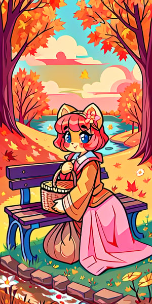 Solo_female,1930s (style), kawaii, outdoor, high_resolution, digital_art,|,a flowery field on a cool autumn afternoon next to a brook| old blankets, bench, picnic, ruck_sack, basket, sack|,vectorstyle