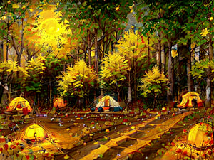 1930s (style),a campground surrounded by fall maple trees on a star-filled  night Sketch, autumn_leaves, star_(sky),Lofi,LOFI,cassdawnlvl1,day,EpicArt
