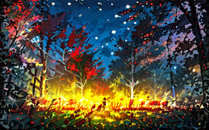 a campfire surrounded by fall maple trees on a star-filled  night Sketch, autumn_leaves, star_(sky),Lofi