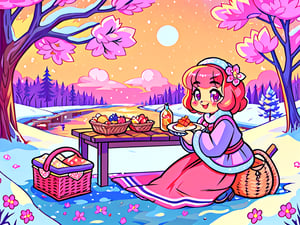 Solo_female,1930s (style), kawaii, outdoor, high_resolution, digital_art,|,a flowery field on a cold winter afternoon next to a brook| old blankets, bench, picnic, ruck_sack, basket, sack|,vectorstyle