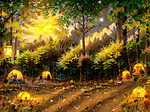 1930s (style),a campground surrounded by fall maple trees on a star-filled  night Sketch, autumn_leaves, star_(sky),Lofi,LOFI,cassdawnlvl1,day,EpicArt