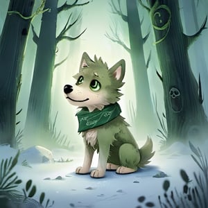 (masterpiece, best quality, ultra-detailed, 8K) A small, trembling wolf pup with shaggy fur the color of sage green, lost in a foggy and haunted forest. Its eyes dart around nervously, searching for a way out. SuddeaA small, trembling wolf pup with shaggy fur the color of sage green, lost in a foggy and haunted snow-covered forest. Its eyes dart around nervously, searching for a way out. Suddenly, it spots a graveyard in the distance, sending shivers down its spine. The pup clutches onto its old, tattered green neck bandana for comfort, but it knows it's in for a spooky adventure. only, it spots a graveyard in the distance, sending shivers down its spine. The pup clutches onto its old, tattered green neck bandana for comfort, but it knows it's in for a spooky adventure.