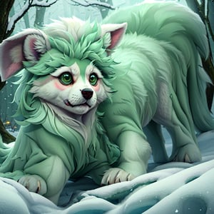 A small, trembling wolf pup with shaggy fur the color of sage green, lost in a foggy and haunted snow covered forest. Its eyes dart around nervously, searching for a way out. Suddenly, it spots a graveyard in the distance, sending shivers down its spine. The pup clutches onto its old, tattered green neck bandana for comfort, but it knows it's in for a spooky adventure.