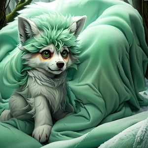 A small, trembling wolf pup with shaggy fur the color of sage green, lost in a foggy and haunted snow covered forest. Its eyes dart around nervously, searching for a way out. Suddenly, it spots a graveyard in the distance, sending shivers down its spine. The pup clutches onto its old, tattered green neck bandana for comfort, but it knows it's in for a spooky adventure.