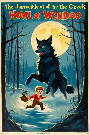 a 1950s movie poster for a 1920s Create a captivating and whimsical book cover for the juvenile horror/humor novel titled "The Howl of the Wendigo," part of the series "The Wolves of Blood Creek" by J.R. Ghostwood.