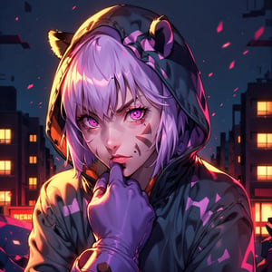 mater piece, beautiful girl in an abandoned town, red_panda, paw_gloves, Fur_boots, animal_marking, face_paint, chocolate_hair, violet_eyes, furry_jacket,yofukashi background, zombies,hinata,1990s \(style\),kusanagi motoko,city