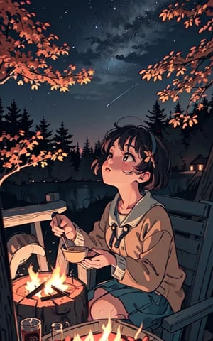 1930s (style), a loli girl in a Adirondack lean-to roasting marshmallows over a campfire looking up at a stary night surrounded by maple trees, Sketch, autumn_leaves, star_(sky),Lofi,LOFI,cassdawnlvl1,day,EpicArt