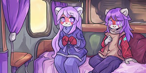 1930s (style), kawaii, indoors, high_resolution, digital_art,|inside a broken down dirty, old abandoned train car with the soft winter sun shinning softy through the windows| old blankets, bench,old mattress, ruck_sack, oil_lanterns, sack| red_panda, anthromorph, violet_fur, curvy_figure| long_lavender_hair, bed_head, streaked_hair| sapphire_eyes, cute_fang, body scars| cute, ripped_clothing, green_winter_clothes, stained_jacket, gloves|, happy_face, arms_crossed,teenage, crossed_legs_(sitting), sickness,