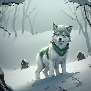 A small, trembling wolf pup with shaggy fur the color of sage green, lost in a foggy and haunted snow covered forest. Its eyes dart around nervously, searching for a way out. Suddenly, it spots a graveyard in the distance, sending shivers down its spine. The pup clutches onto its old, tattered green neck bandana for comfort, but it knows it's in for a spooky adventure.