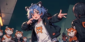 1930s (style), Comic, kawaii, master piece, beautiful boy in an abandoned zombie filled city, red_panda, paw_gloves, Fur_boots, animal_marking, face_paint, chocolate_hair, violet_eyes, furry_jacket,yofukashi background, zombies,hinata,1990s \(style\),kusanagi motoko,city,chundef, action_pose, battle_stance, back_pack,running,teenage , ripped_clothing, bloody_clothes, sweatpants,Circle,vectorstyle, happy_face, hungry,cammy sf6,c.c.,manga,manwha,chara-sheet, animal_tail