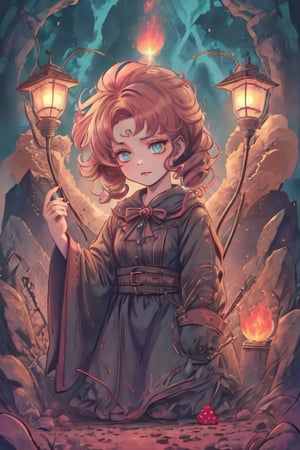 a 12-year-old female welsh grave digger with strawberry blonde hair and glowing ember eyes casting ghostly fire magic with an old magical miners lamp.,Adorable,1girl,fantasy00d,chibi