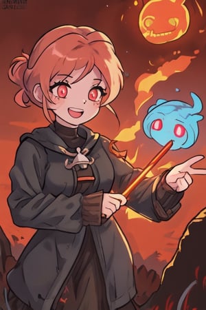 a cute and cheerful female Welsh 13th-century grave digger during the black plague with short strawberry blonde hair and ponytails and glowing ember eyes casting ghostly fire magic with an old magical miners lamp, in a haunted mountain town. Anime Cartoon,plague doctor