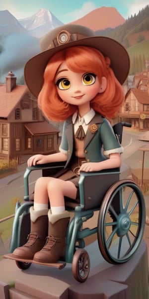 1930s (style), kawaii, a young shy young copper-haired girl in a wheelchair with a metal leg brace on her left leg, surrounded by a haunted 1920s Oregon mountain town, nestled in the cliffs, ,MetalAI,3d style,xxmixgirl,steampunk style,lofi
