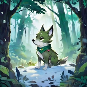 (masterpiece, best quality, ultra-detailed, 8K) A small, trembling wolf pup with shaggy fur the color of sage green, lost in a foggy and haunted forest. Its eyes dart around nervously, searching for a way out. SuddeaA small, trembling wolf pup with shaggy fur the color of sage green, lost in a foggy and haunted snow-covered forest. Its eyes dart around nervously, searching for a way out. Suddenly, it spots a graveyard in the distance, sending shivers down its spine. The pup clutches onto its old, tattered green neck bandana for comfort, but it knows it's in for a spooky adventure. only, it spots a graveyard in the distance, sending shivers down its spine. The pup clutches onto its old, tattered green neck bandana for comfort, but it knows it's in for a spooky adventure.,photo r3al,Land Of Boo