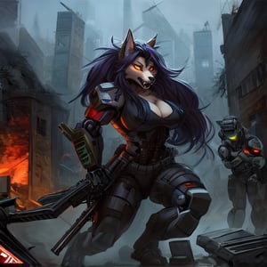 Robotic Werewolves battling a army of cyborg zombies in a deserted city, Cyborg, lycanthrope, long_hair, furry, animal_tail, anthro, zombies, surprise, fangs,sex robot,motoko2045wz, shotgun, warzone, werewolf 