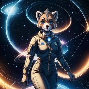 Galali, a male kawaii furry suit of a red panda golden retriever hybrid with glowing celestial constellation markings fully body portray wearing a bohemian space suit, with Sami symbolism embroidered on his shirt, surrounded by the dieselpunk space station orbiting Uranus, complex lighting and shadows, Cute and fluffy, Brass jewelry, shiny, sunlight fractal details, depth of field, detailed gorgeous face, Sci-Fi environment, natural body posture, professional photographer, captured with professional DSLR camera, 64k, ultra-detailed, ultra-accurate detailed, bokeh lighting, surrealism, ultra unreal engine, intricate, epic,fantasy_princess,Circle