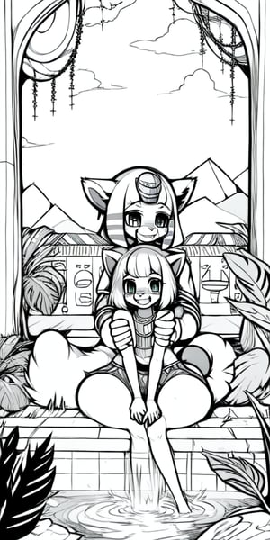 An injured happy female red_panda sitting in a Sami-Egyptian slum with her anubian_jackal boyfriend, line_art, Black_and_white, manga, 1_page, happy, boyfriend, hand_holding, hugging, ancient_egypt, egyptian loli (surio), loin_cloth, golden_jewelery, protected, sit, fountain, holding_knees, jungle, foliage, love, curvy_figure, b&w, ruin, high_res, friendship, afraid, mountains, cute_fangs, injured, hospital, sick, bandages