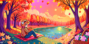 Solo_female,1930s (style), kawaii, outdoor, high_resolution, digital_art,|,a flowery field on a cool autumn afternoon next to a brook| old blankets, bench, picnic, ruck_sack, basket, sack|,vectorstyle