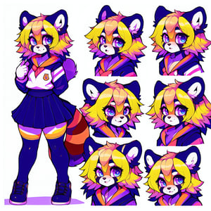 (CharacterSheet:1), cute,red_panda,school_girl, lavender_hair, blue_eyes, anthromorph, high_resolution, digital_art, cute_fang, golden_jewelry, messy_hair, curvy_figure, body scars,school_uniform, (multiple views, full body, upper body, reference sheet:1), back view, front view,(white background, simple background:1.2),(dynamic_pose:1.2),(masterpiece:1.2), (best quality, highest quality), (ultra detailed), (8k, 4k, intricate), (50mm), (highly detailed:1.2),(detailed face:1.2), detailed_eyes,(gradients),(ambient light:1.3),(cinematic composition:1.3),(HDR:1),Accent Lighting,extremely detailed,original, highres,(perfect_anatomy:1.2),  