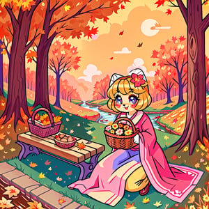 Solo_female,1930s (style), kawaii, outdoor, high_resolution, digital_art,|,a flowery field on a cool autumn afternoon next to a brook| old blankets, bench, picnic, ruck_sack, basket, sack|,vectorstyle