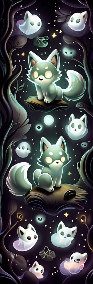 a cute scared wolf pup with sage colored fur lost in a haunted foggy forest, Chibi, sage, fog, ghosts,forest