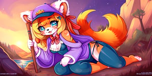 1930s (style), kawaii, 1930s (style),furry, kawaii, red_panda, ancient_egyptian, lavender_hair, blue_eyes, anthromorph, high_resolution, digital_art, cute_fang, golden_jewelry, messy_hair, curvy_figure, body scars, female, bath_robe, sweating, Red_fur, chest_fluff, fore_paws, newsboy cap, limping using a long heavily walking stick, a men's lounge jacket embroidered with Sami symbolism, bohemian vest, and Ascot, worn-out skirt, and metal leg brace on her left leg, walking a cuddly white golden retriever pup, surrounded by a haunted 1920s Oregon mountain town, nestled in the cliffs, outdoors,mikudef,bikini jeans, dress