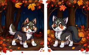 Comic_Strip, a cute scared wolf pup lost in a forest, autumn_leaves, wolf, chibi, night, spooky