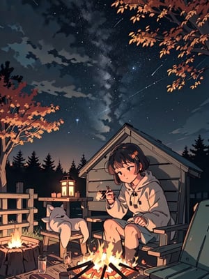 1930s (style), a loli girl in an Adirondack lean-to roasting marshmallows over a campfire looking up at a stary night surrounded by maple trees, Sketch, autumn_leaves, star_(sky),Lofi,LOFI,cassdawnlvl1,day,EpicArt