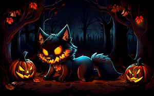 Comic_Strip, a cute scared wolf pup lost in a haunted forest, autumn_leaves, wolf, chibi, night, spooky,cute00d,Jack o 'Lantern