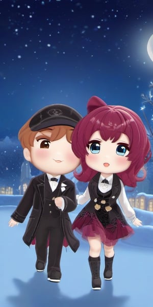 kawaii, chibi, paranormal 1920s gangster murder mystery movie poster "Janus Nash and a Haunted New Year. Series: The Ghosts of Lucille"1930s (style), a close-up Jazz-age anime-style of a cozy mystery book cover of Penny and Janus twirling in a romantic embrace ice skating on a frozen pond at night in a magical graveyard looking up in awe, illuminated by moonlight. Penny's flowing red hair and wearing a furry winter Lolita dress. Janus's handsome shy crippled boy has messy dark brown hair and stormy gray eyes, he is wearing a newsboy cap, a men's blue lounge jacket embroidered with Sami symbolism, a bohemian vest, and Ascot, worn-out tan tweed pants, kawaii
