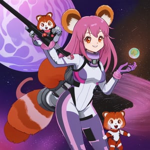 adorable and silly, female red panda, space suit, pink and purple striped hair, sci-fi brass fantastical telescope